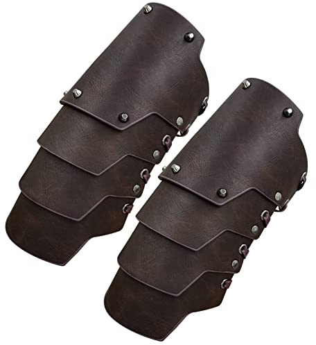 HiiFeuer Mittelalterliche Kunstleder 4 Lagen Armschienen Armor, Mittelalterliche Söldnerstulpen, Kostüm Ritter Bogenschütze Armschützer (Dunkelbraun A)