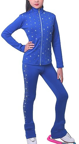 Youthful flying Kinder Mädchen Eislauf Anzug Langarm Sport Eiskunstlauf Jacke Strass Glänzend Eislaufhose Set(Size:XXL,Color:Blau)