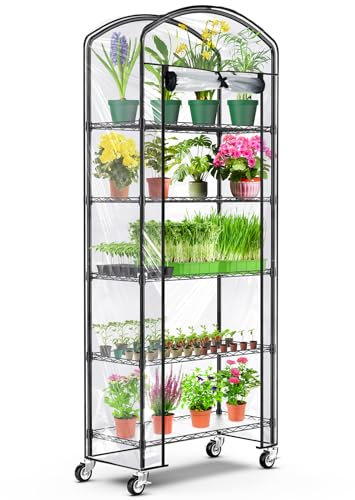 Abimars 5-stöckiges Gewächshaus mit Lenkrad, jedes Regal höhenverstellbares Metall-Pflanzregal mit PVC-Abdeckung für Saatgut-Startschalen, Sämlingtöpfe, Pflanztöpfe, 33 x 73,7 x 185,4 cm