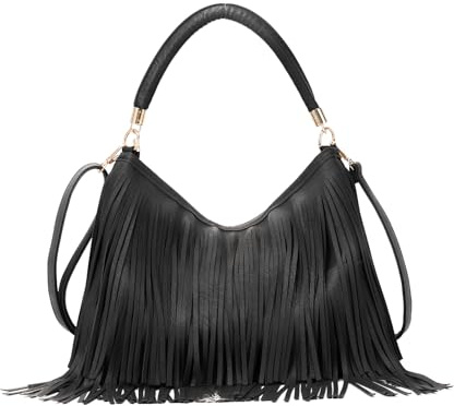 Emprier Fringe Shoulder Bag for Women Soft PU Leather Hobo Satchel Handbag Vintage Tassel Tote Bag Black