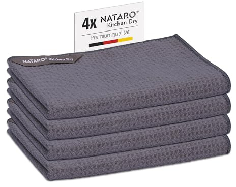 NATARO® Kitchen Dry Lot de 4 torchons de vaisselle en microfibre de qualité supérieure, chiffons gaufrés sans traces et non pelucheux pour votre cuisine, anthracite, 70 x 45 cm
