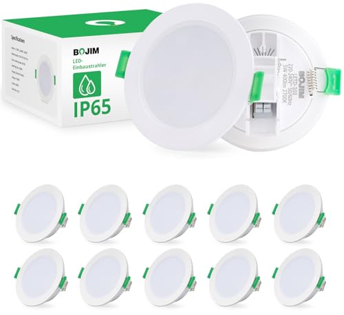 BOJIM LED Spots 230V IP65, Einbaustrahler LED, Warmweiß 2700K, 68mm - 80mm Lochmaß, Flach 35mm, Einbauspots Led Deckenstrahler 5w für Das Wohnzimmer Badezimmer Küche Feuchtraum, 10er