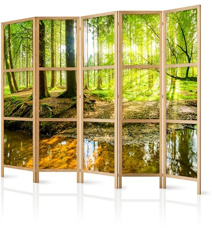 murando - Paravent Raumteiler Holz Wald, 225x172 cm, 5-teilig, Wohnzimmer | Mobiler Sichtschutz, sofort einsatzbereit, Holzrahmen, ideal fürs Wohnzimmer oder Büro, geruchsneutral, lichtbeständig