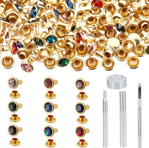NBEADS 90 Stück Runde Messingnieten, Halbröhrenförmige Nieten Messing-Kristallnieten Nieten Mit Locher-Werkzeugsätzen Aus Stahl Strass-Nieten Für Lederhandwerk Und Dekoration