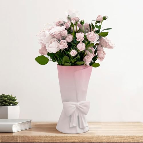 Relexome Keramik Vase mit Schleife, 24,5 cm Rosa Weiß Modern Boho Vase, dekorative Aesthetic Blumenvase für Blumenstrauß, Pampasgras, für Wohnzimmer, Schlafzimmer, Tischdekoration, Home Deko