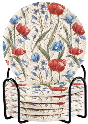 Sottobicchieri per bevande, stile country con tulipano rosso fiori intrecciati sottobicchiere con supporto set di sottobicchieri da tavolo per bevande sottobicchieri per cucina soggiorno decorazione