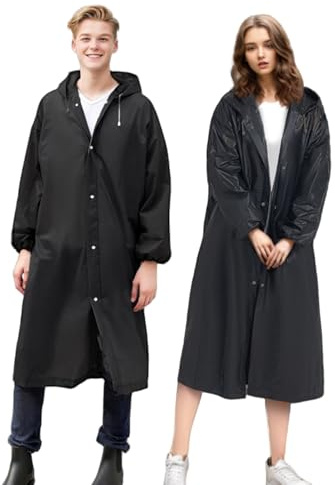 2 stycken regnponcho för kvinnor och män, vattentät poncho för vuxna, med handtag, lång, bärbar regnponcho för konsert (utsträckta manschetter, svart), Svart, 60 Extra Tall