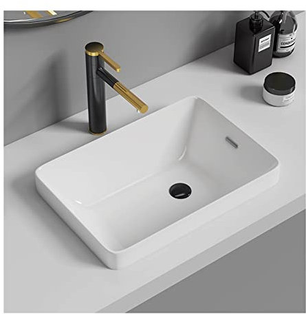 UHJKLA Badezimmer-Waschbecken für die Arbeitsplatte, Waschbecken mit Wasserhahn und Pop-Up-Abfluss-Kombination, rechteckig über der Theke mit Porzellan-Keramik-Waschbecken, was