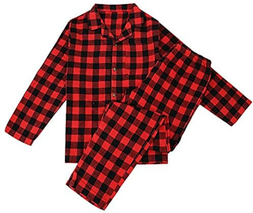 LANBAOSI Pyjamas för flickor, långärmad, rutig, vardagsklädsel, set för pojkar och flickor, flanell, pyjamas, rutig topp och underdel, 2 delar, nattkläder i bomull, nattkläder, Röd, 9-10 Years