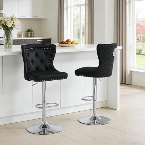 Chummaven Barhocker höhenverstellbar 2er Set Samt Küchenhocker Schwarz | 360° drehbar, gepolstert, mit Lehne, Fußstütze, Metallgestell, Löwenkopf-Ring, Barstuhl Tresenhocker für Kücheninsel Hausbar