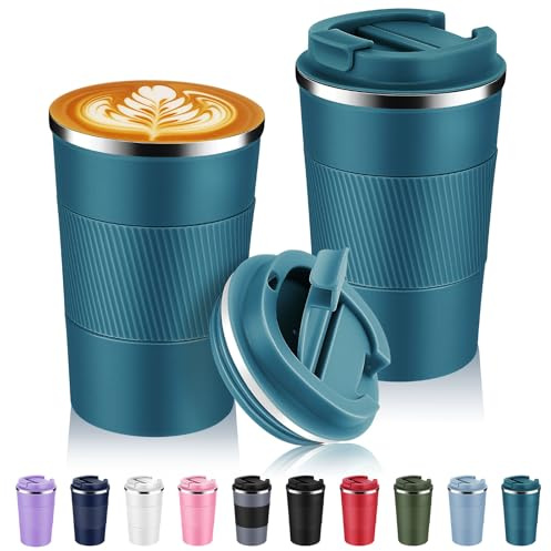 Volhoply Resekaffemugg, rostfritt stål, isolerad, flip-lock, återanvändbar, dubbelvägg, vakuum, kaffekopp, bärbar, läckagesäker, tumlare, varm och kall dryck, 385 ml (13 uns), blå, 2-pack