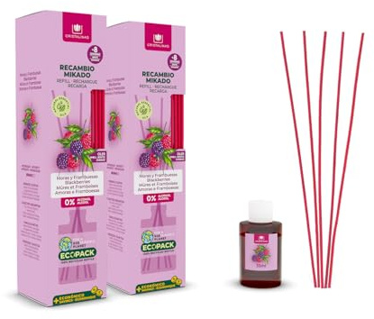 CRISTALINAS | Pack 2 Recambio + Cañas Ambientador Mikado | 100% Puro | Larga Duración 8 Semanas | 35ml | 0% Alcohol (2x35ml, Moras y Frambuesas)
