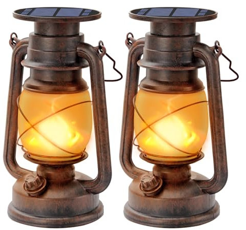 Hzitcigm Lanterna Solare Vintage da Esterno - 2 Pezzi LED con Effetto Fiamma Retrò, Lampada Impermeabile per Giardino, Cortile e Campeggio