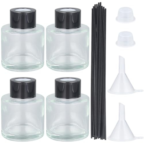 CRASPIRE 4 Botella Difusora Rellenable Botella Difusora de Fragancia de Vidrio 50 ml (1.69 FL Oz). Oz con 20 Pieza de Varillas de Caña Y 4 Piezas de Embudos Juegos de Frascos de Aromaterapia Negros