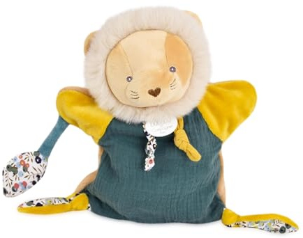Doudou et Compagnie – BOH'Aime Handpuppe Löwe – Kuscheltier Handpuppe – modischer Stoff – Farben Ocker & Wald – für Eltern/Baby Interaktionen – ab der Geburt – DC4226