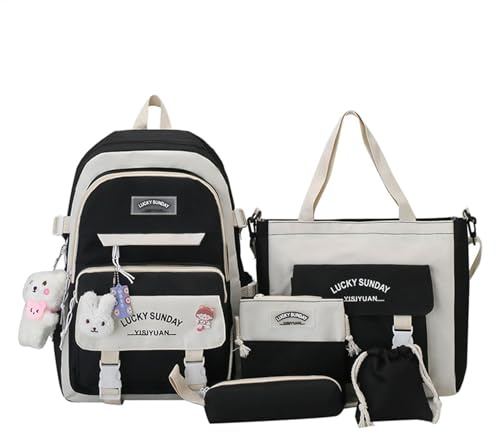 Backpacks-set, väska kombinationssats, 30 x 15 x 40 cm kompakt kanvas skolryggsäck set, multipocket design, lätt, för barn, pojkar, flickor, tonåringar och studenter, Svartvitt, Siehe