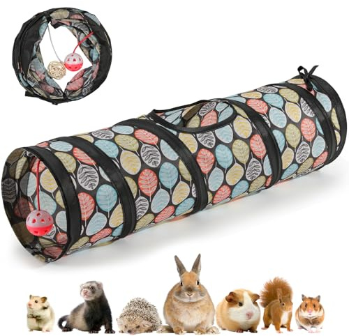 Pawaboo Piccolo Tunnel Diritto per Animali Domestici, Tunnel per Porcellini d'India e Tubi per Criceti, Nascondiglio Pieghevole per Piccoli Animali con Campana Interattiva e Palline, Foglie