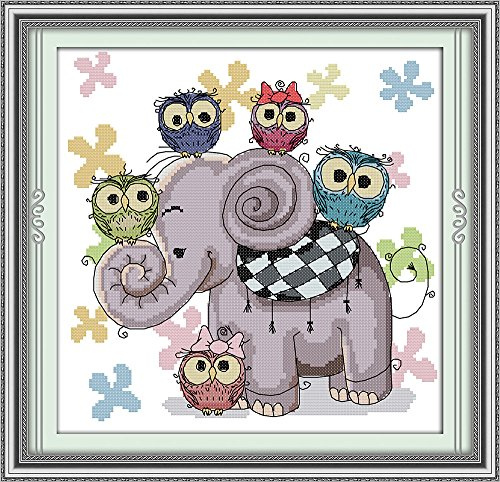 Craftstitch Kreuzstich-Set mit 11-fädigem Prägung für Erwachsene, vorgedrucktes Muster, einfache Sticksets für Anfänger, DMC-Garne, Handarbeit, Elefant und Eule, 39 x 39 cm