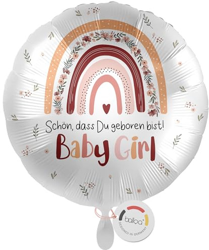 balloa Folienballon Baby Girl Regenbogen, Deko zur Geburt, 33 cm | Regenbogen-Motiv in zarten Rosatönen, runde Form, heliumgeeignet, ungefüllt, Deko zur Geburt und Babyparty für Mädchen