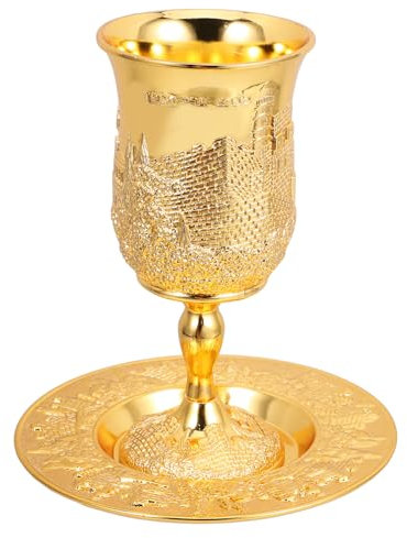 ULTECHNOVO Juego De Copa De Kidush Dorada Para Shabat, Vaso Metálico Delicado Con Platillo, Suministros Judaica Para Ceremonia y Celebración Festiva, Adecuado Para Ofrendas y Uso Hogar Familiar