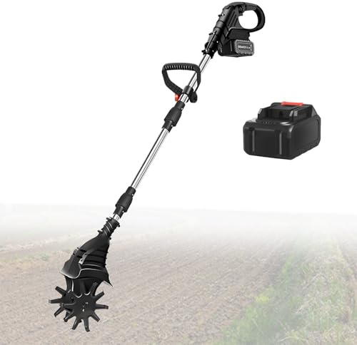 Akku-Gartenfräse mit 21V Akku, Gartenfräse mit 25cm Frästiefe und 20cm Fräsbreite, Elektro-Fräse für Garten, Hof,Black-DualBlades-1battery