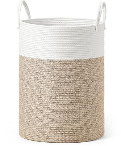 SONGMICS Cesto para Ropa Sucia, Cesta Ropa Sucia para Niños 80 L, Cuerda de Algodón, Asa, Cordón, para Peluches, Mantas, Dormitorio, 40 x 40 x 60 cm, Blanco y Marrón Grisáceo RLH062LZ01
