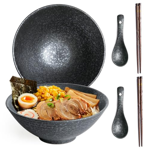 Niturceal Ceramic Ramen Bowl Set of 2, 40oz Japanese Noodle Bowls with Spoons & Chopsticks Porcelain Large Soup Bowl for Pho, Udon, Retro Style Tableware Microwave & Dishwasher Safe,Black Crystal