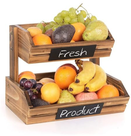 2 Tier Wooden Fruit Basket Bowl Holder, Heavy Duty Farmhouse Standing Eco-Friendly Wood Display Stand, Bread Vegetables Storage Rack For Kitchen Countertop, Easy Assembly (Brown)