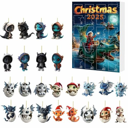 Calendario de cuenta regresiva de Navidad, adornos de dinosaurio de Adviento, juego sorpresa, decoraciones de fiesta para niños (azul, 26 x 18 cm)