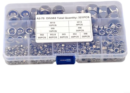 Hasaller Tuercas de bloqueo hexagonales de nailon de acero inoxidable 304 Kit de tuercas de bloqueo hexagonales métricas de acero inoxidable 321 piezas con inserciones de nailon para una fuerte