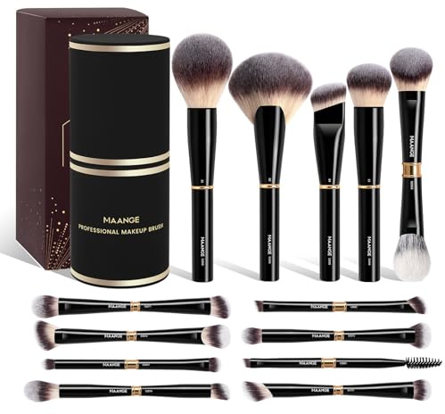 MAANGE 13-delat sminkborstset med fodral, dubbelhuvud sminkborste foundation concealer puder rouge ögonskuggsborstar, professionell & vegansk ansikte & ögon sminkborste set svart