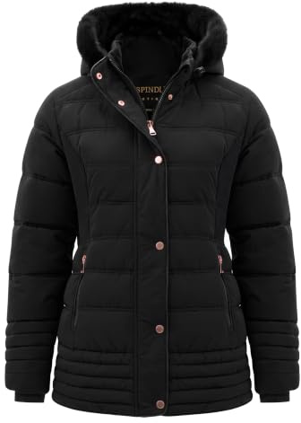 Spindle Womens Ladies Hooded Black Short Fur Parka Quilted Padded Puffer Coat | Zip Side Pockets | Faux Fur on Hood | Fleece Lined Body and Hood Black 12