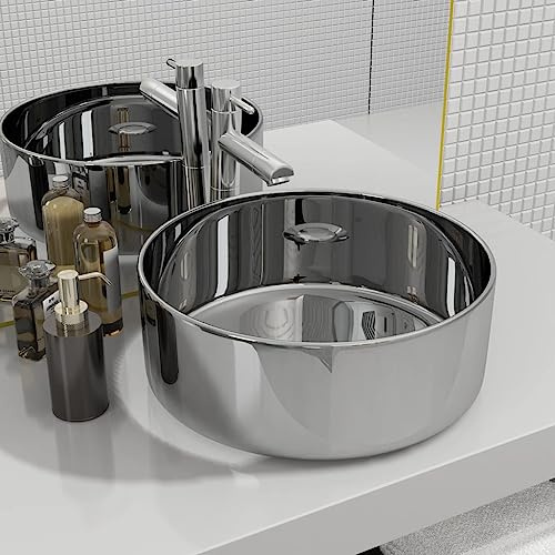 Mokuyard Lavabo 40 x 15 cm en céramique argentée Petit lavabo à poser pour sanitaire, salle de bain ou toilettes, moderne pile commune