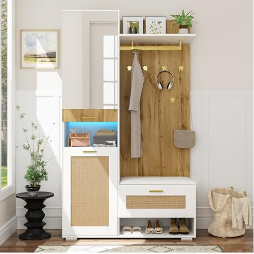 LAKFEW Juego de Perchero con Iluminación LED y Espejo, Mueble Entrada Recibidor con Zapatero y 5 Ganchos, Conjunto de Armario Recibidor Entrada con Almacenaje, 110x38x190 cm, Color Madera+Blanco