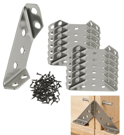 12PCS Corner Connector, Stainless Steel Triangle Angle Brackets, Universal Heavy Duty Rust-Proof Corner Bracket for Wood Furniture Shelf Cabinet Table Desk Chair Supports, with 84 Screws