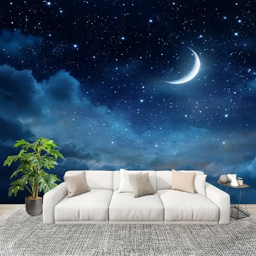 Adesivo Murale Bambini Cameretta Carta da Parati 250x175 cm Cielo Stellato Vista Notturna Luna 3D Muro Decor Autoadesivo Photo Carta da Parati Blu Scuro Fotomurali casa Adesivi Bimbo Bimba