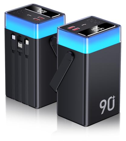 2026 Nouveau Batterie Externe 90000mAh Power Bank 30W Chargeur Externe Portable USB-C 2 Input & 5 Output Charge Rapide avec 3 Câbles Intégrés, Compatible avec MacBook, Tablette, iPhone 17 16 15Pro S23