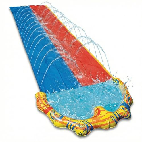 BANZAI Splash Sprint Racing Slide – XXL Doppel-Wasserrutsche (4,88 m) – 2 Bahnen für Kopf-an-Kopf-Rennen – Rutschbahn mit Wasserstrahlen & Splash-Pool – Das ultimative Garten-Duell