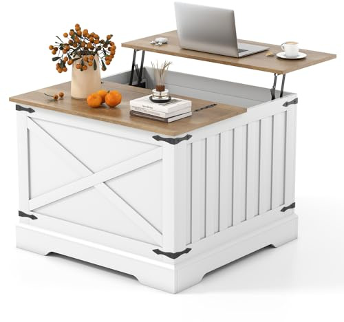 COSTWAY Lift Up Top Coffee Table, 80cm Square Lifting Cocktail Center Table with Hidden Storage Compartment, Farmhouse Wooden Accent Sofa Side Tea Tables for Living Room Office (Brown+White)