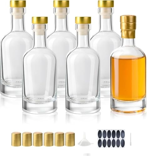 YBCPACK Lot de 6 Bouteilles en Verre 200 ml avec Bouchons en T et Capsules Thermorétractables – Kit Complet Étanche et Anti-Goutte pour Spiritueux Maison, Vodka, Huiles, Jus et Cadeaux DIY