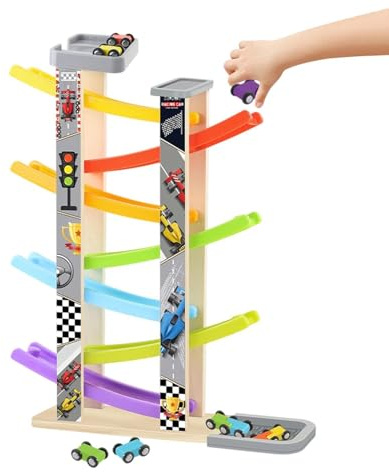 Ramp Racer-Set, Parkgarage aus Holz, Fahrzeugrutschbahn, pädagogisches Spielsystem für und Mädchen, drinnen und draußen, Zuhause, Schule, Vorschule, Spielzimmer, Garten, Geburtstagsfeier, Lerna
