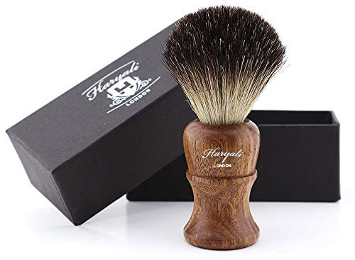 Haryali London Brocha de afeitar de pelo de tejón – Cepillo de afeitar para el afeitado húmedo con crema de afeitar y jabón, cepillo de afeitar para un afeitado cómodo en húmedo con mango de madera de