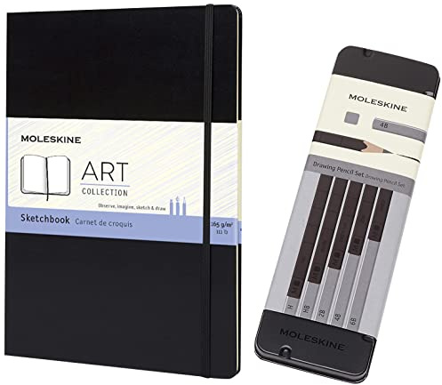 Moleskine Zeichenstift-Set, 5 Bleistifte + Kreativ Notizbücher, Skizzenbuch, A4, 165G Papier, Hard Cover, schwarz
