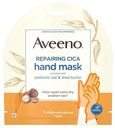 Aveeno Repairing cica hand mask with prebiotic oat and shea butter for extra dry skin, paraben-free and fragrance-free, 1.0 Count (Pack of 36)