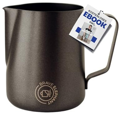 BRAVE ELEPHANT® Milchkännchen Edelstahl 600ml | Rostfreie Milchkanne Edelstahl für Latte Art | Barista Milchkännchen | Aufschäumkännchen für Barista (600ml, Schwarz)
