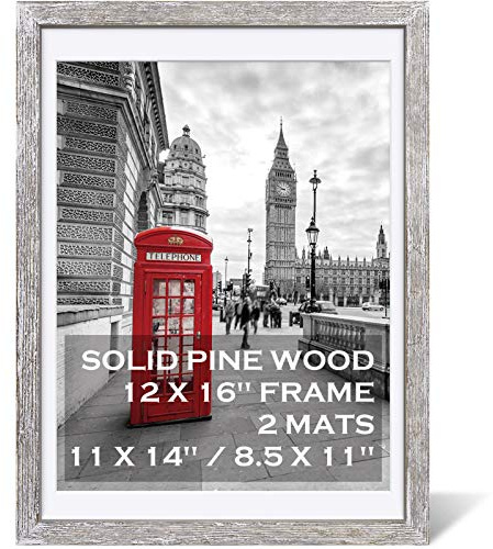 12x16 Rustic Picture Frames Solid Wood Display Pictures 11x14 or 8.5x11 Diplomas with Mat or 12x16 without Mat, Farmhouse Distressed Wooden Picture Frame for Wall or Table Top Display, Driftwood White