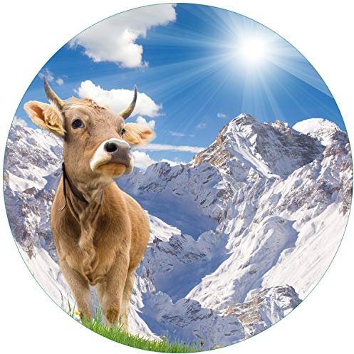 Wallario Glasbild rund Kuh im Sonnenschein in den Alpen - Rund, 50 cm Durchmesser Wandbild Glas in Premium-Qualität: Brillante Farben, freischwebende Optik