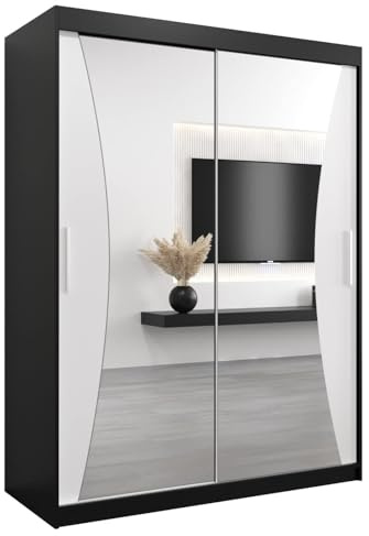 ABIKSMEBLE Monaco 150 Armoire à portes coulissantes avec tringle et étagère pour chambre à coucher avec miroir (noir mat + blanc mat)