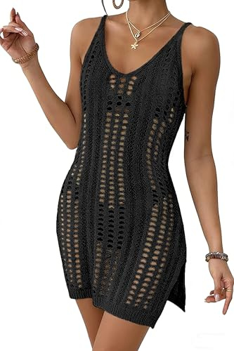Timuspo Bikini Cover Up Damen Ärmellos Strandkleid Häkelkleid V-Ausschnitt Badeanzüge Überwurf Seitenschlitz Strandtunika