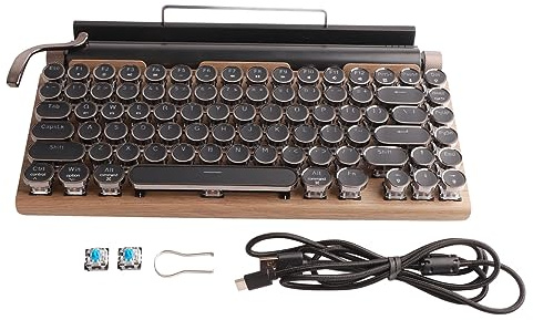 Clavier mécanique rétro, Clavier de Style Machine à écrire, sans Fil, Jolies Touches Rondes avec USB Bluetooth, Clavier de Jeu rétroéclairé pour (Couleur du Grain du Bois)
